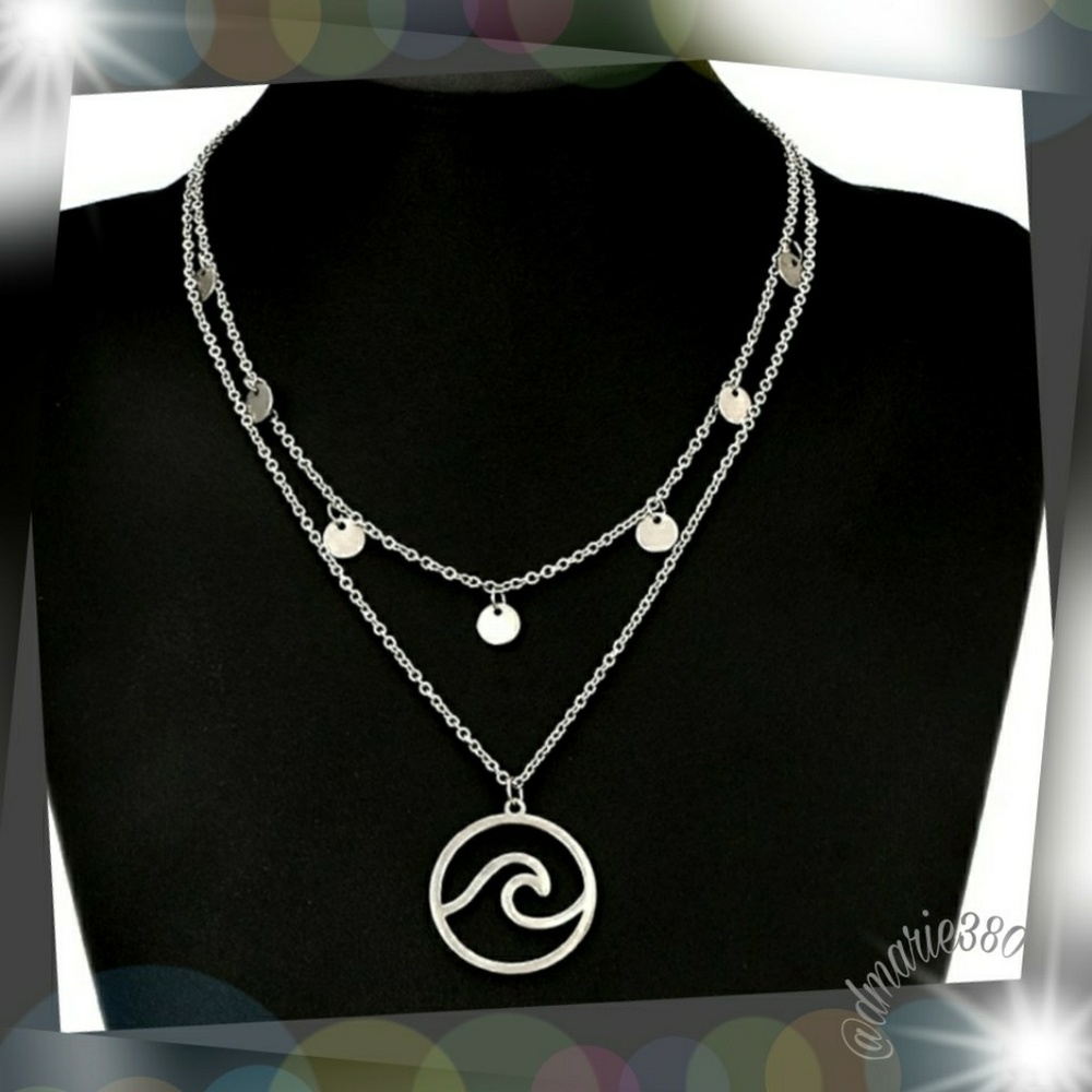 Boho Sea Wave Pendant w/ Sequins charms necklace